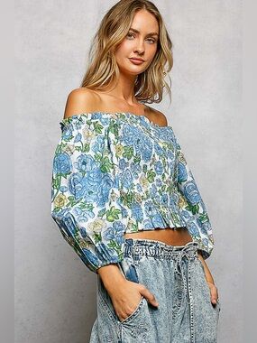 🍓 POL “ Sedona Bloom “ Off The Shoulder Smocked Top | Bluebell
